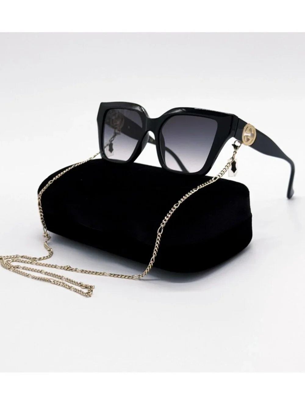 New Gucci Black Cat Eye Women Sunglasses GG1023S 001 With Chain
